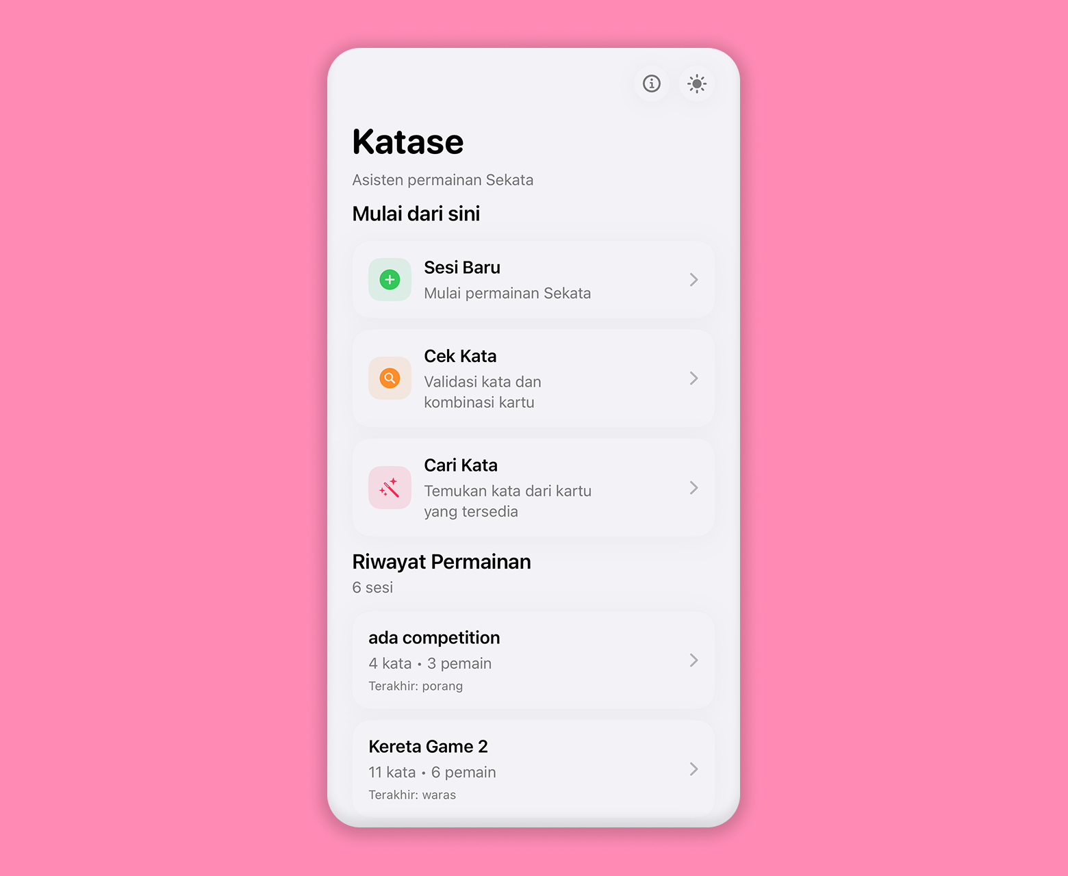 Katase home screen Katase home screen showing Sesi Baru, Cek Kata, Cari Kata, and recent sessions