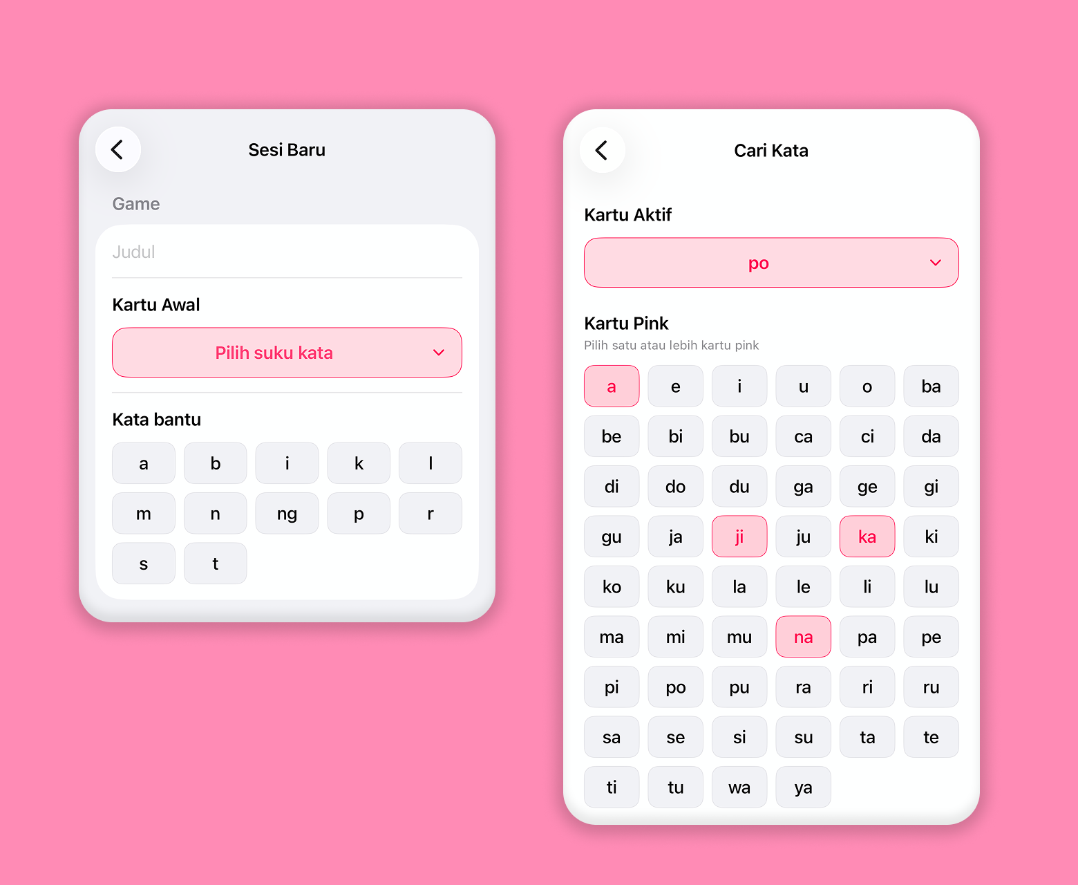 Selecting Sekata syllables in Katase Katase syllable selection screens for Sesi Baru and Cari Kata