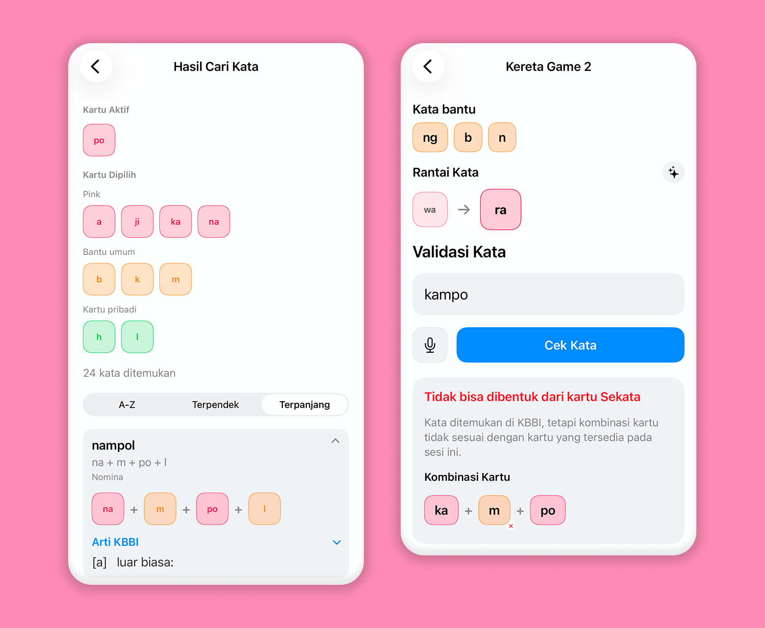 Katase search results and validation Katase word search results and word validation screens